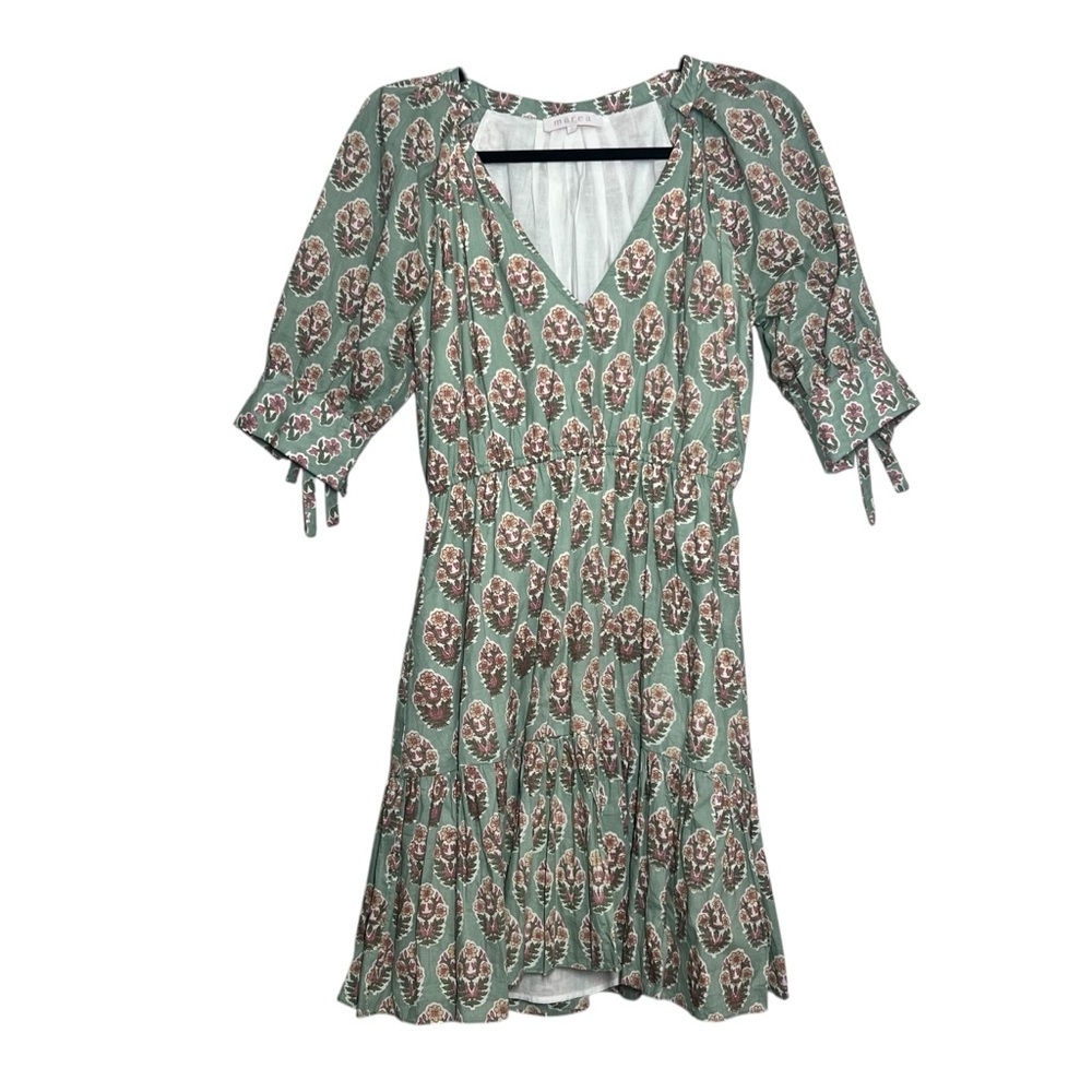 Marea Dress Womens Size Medium Green Floral Cotton Mini Tie Sleeve Cinch Waist